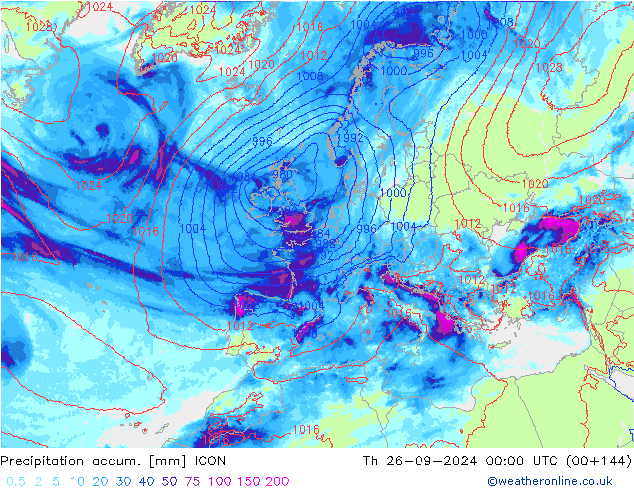 Totale neerslag ICON do 26.09.2024 00 UTC