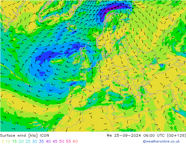 Viento 10 m ICON mié 25.09.2024 06 UTC