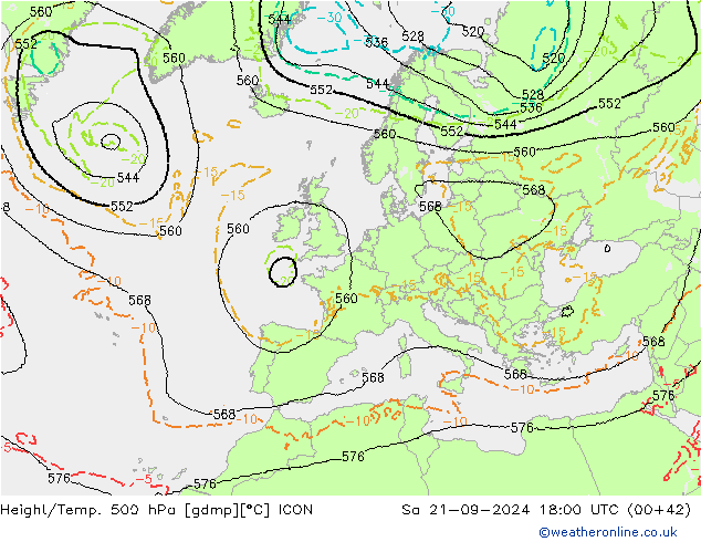 Height/Temp. 500 hPa ICON So 21.09.2024 18 UTC