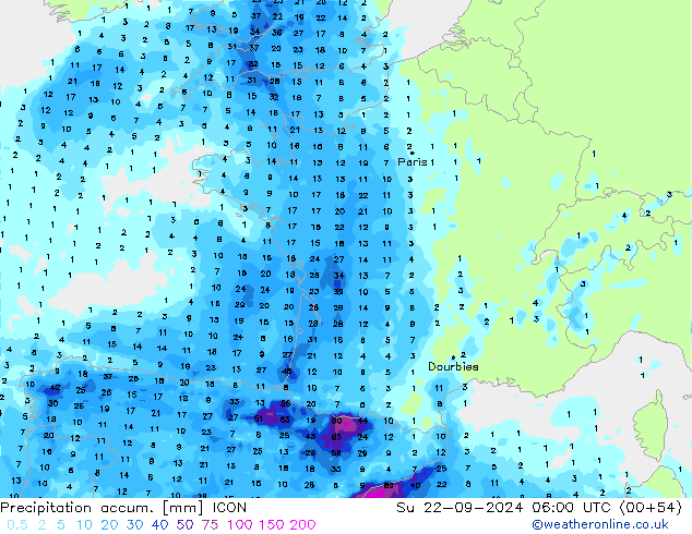 Precipitation accum. ICON Ne 22.09.2024 06 UTC