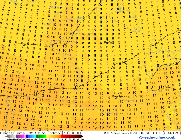 Height/Temp. 850 hPa ICON We 25.09.2024 00 UTC