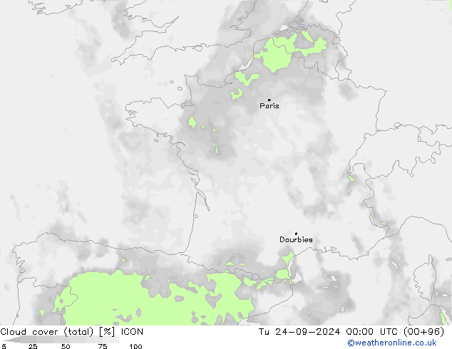 Cloud cover (total) ICON Tu 24.09.2024 00 UTC