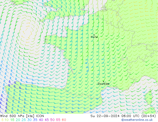 Wind 500 hPa ICON Su 22.09.2024 06 UTC