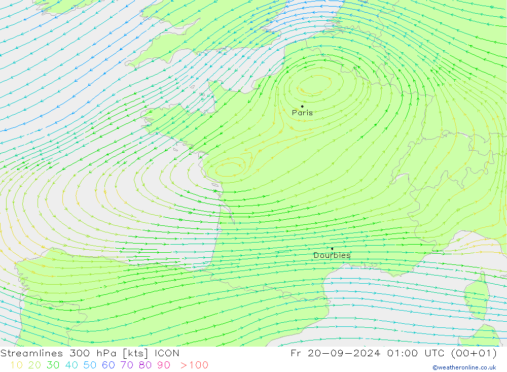 Rüzgar 300 hPa ICON Cu 20.09.2024 01 UTC