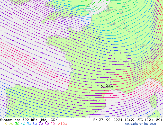 Stromlinien 300 hPa ICON Fr 27.09.2024 12 UTC