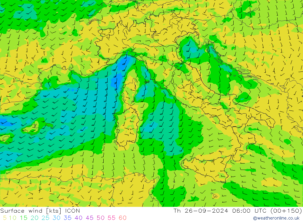 Vento 10 m ICON gio 26.09.2024 06 UTC