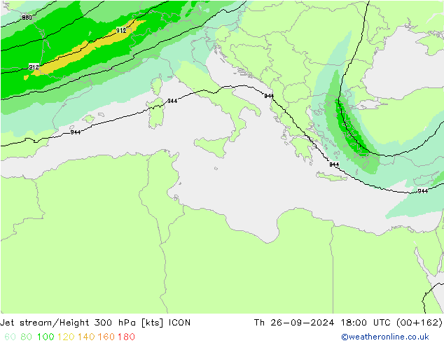 Jet stream/Height 300 hPa ICON Čt 26.09.2024 18 UTC