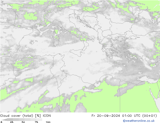 Cloud cover (total) ICON Fr 20.09.2024 01 UTC