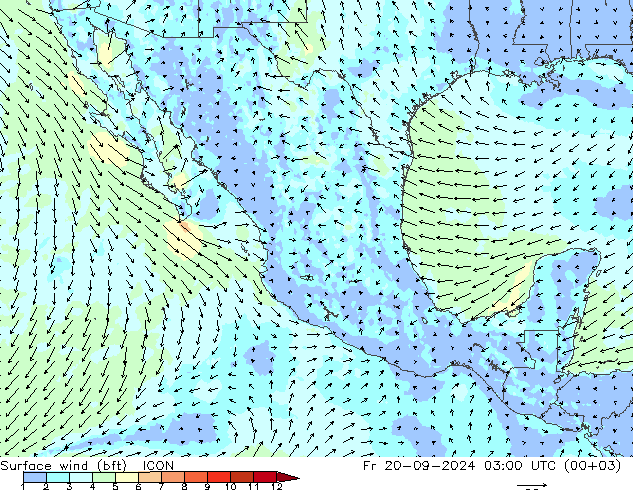 Surface wind (bft) ICON Fr 20.09.2024 03 UTC