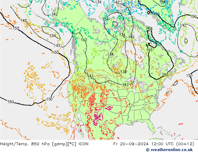 Height/Temp. 850 hPa ICON Fr 20.09.2024 12 UTC