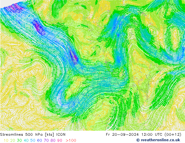 Rüzgar 500 hPa ICON Cu 20.09.2024 12 UTC