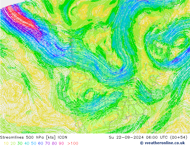 Linea di flusso 500 hPa ICON dom 22.09.2024 06 UTC