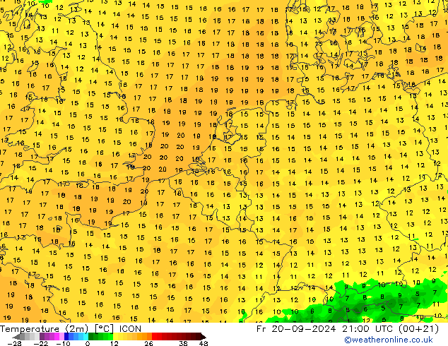 Temperaturkarte (2m) ICON Fr 20.09.2024 21 UTC