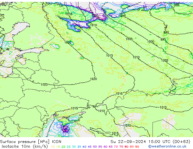 Izotacha (km/godz) ICON nie. 22.09.2024 15 UTC