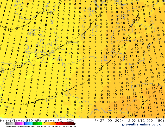 Height/Temp. 850 hPa ICON  27.09.2024 12 UTC