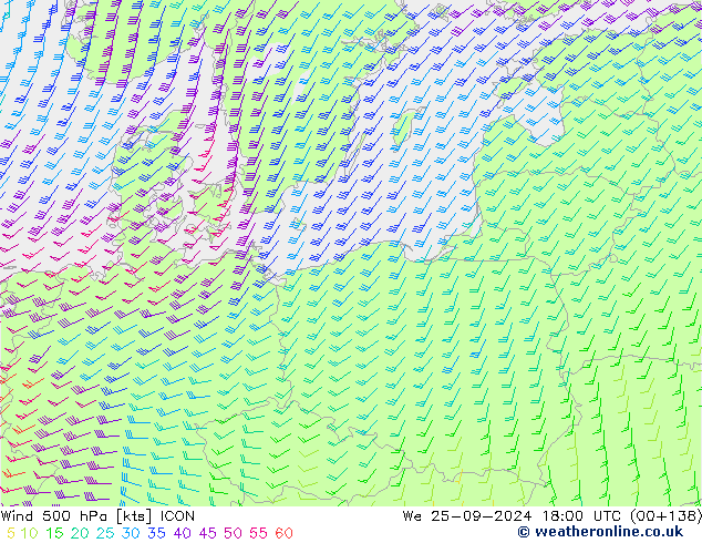 Wind 500 hPa ICON wo 25.09.2024 18 UTC