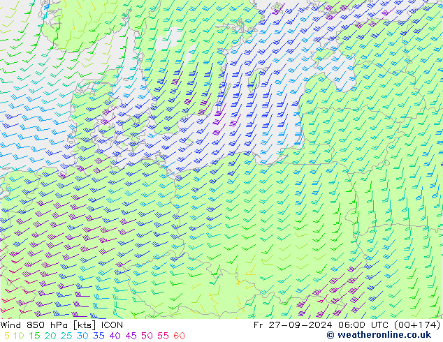 ветер 850 гПа ICON пт 27.09.2024 06 UTC