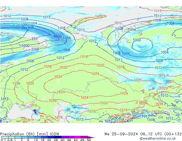 Precipitation (6h) ICON We 25.09.2024 12 UTC