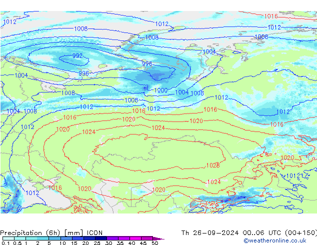 Precipitation (6h) ICON Th 26.09.2024 06 UTC