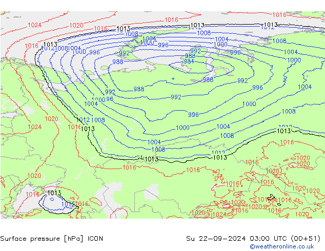 Atmosférický tlak ICON Ne 22.09.2024 03 UTC