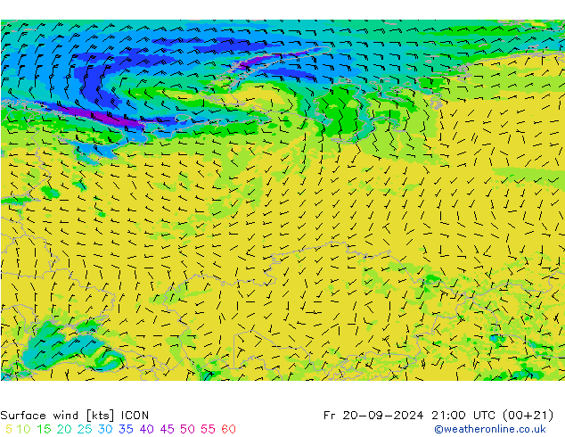 Surface wind ICON Fr 20.09.2024 21 UTC