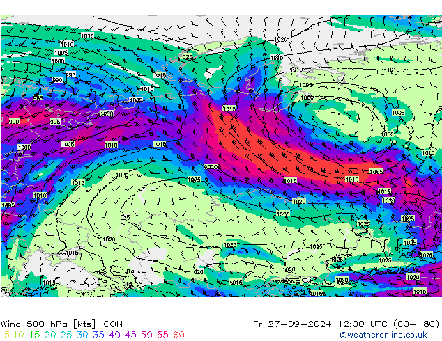 Vento 500 hPa ICON ven 27.09.2024 12 UTC