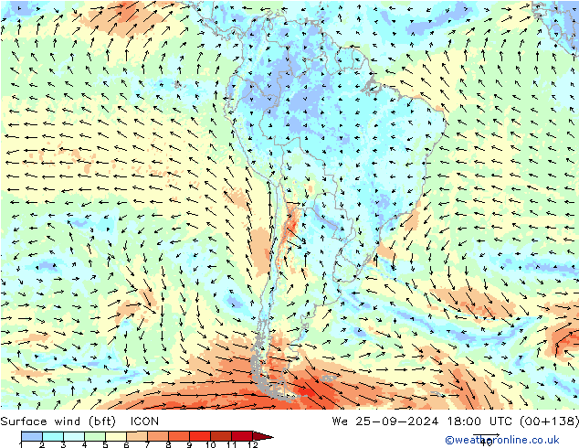 Viento 10 m (bft) ICON mié 25.09.2024 18 UTC