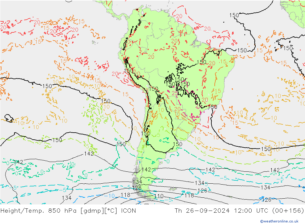 Height/Temp. 850 hPa ICON Th 26.09.2024 12 UTC