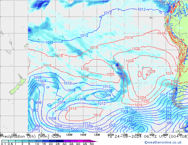 Precipitation (6h) ICON Út 24.09.2024 12 UTC