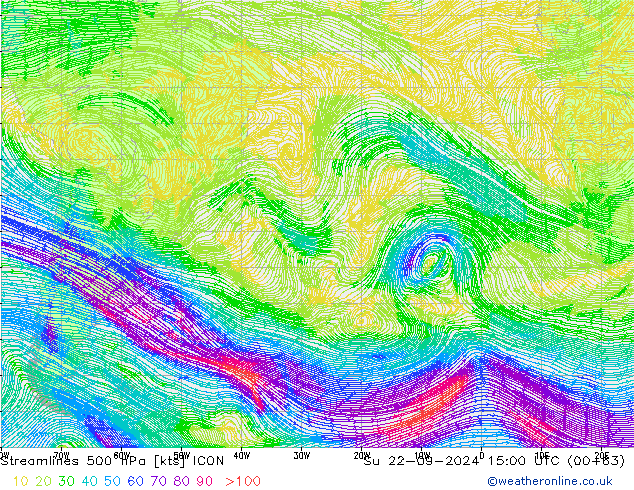 Stromlinien 500 hPa ICON So 22.09.2024 15 UTC