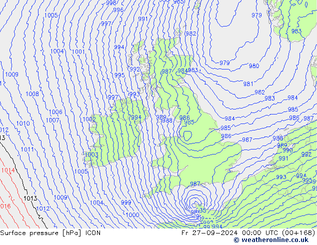 Surface pressure ICON Fr 27.09.2024 00 UTC