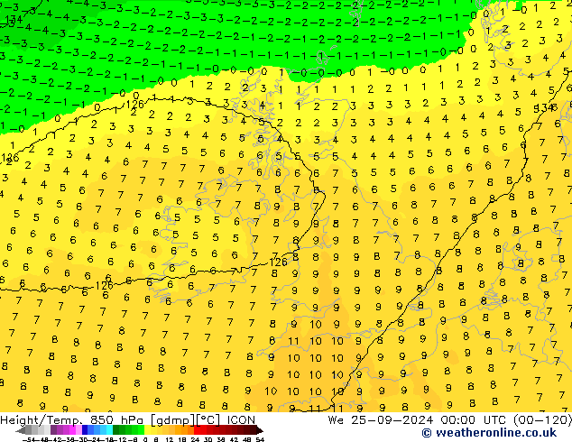 Height/Temp. 850 hPa ICON We 25.09.2024 00 UTC