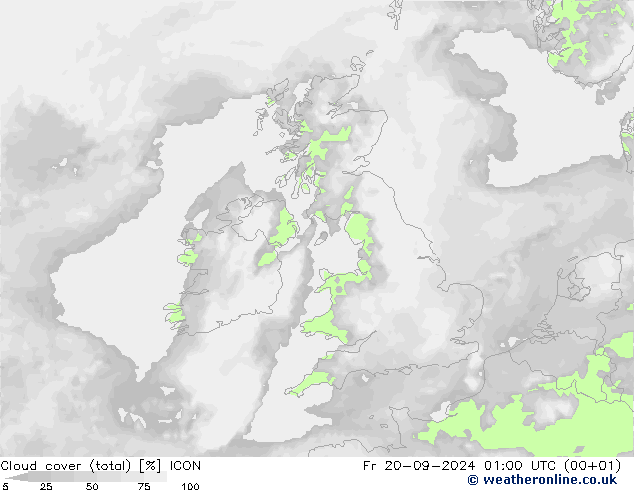 Bewolking (Totaal) ICON vr 20.09.2024 01 UTC