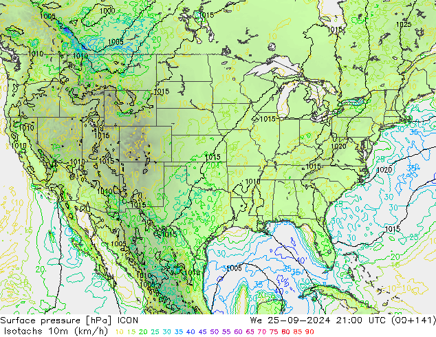 Isotachs (kph) ICON Qua 25.09.2024 21 UTC