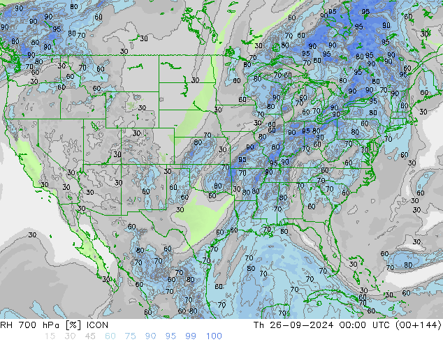 RH 700 hPa ICON czw. 26.09.2024 00 UTC