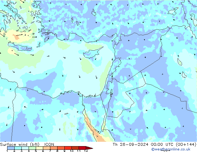 wiatr 10 m (bft) ICON czw. 26.09.2024 00 UTC