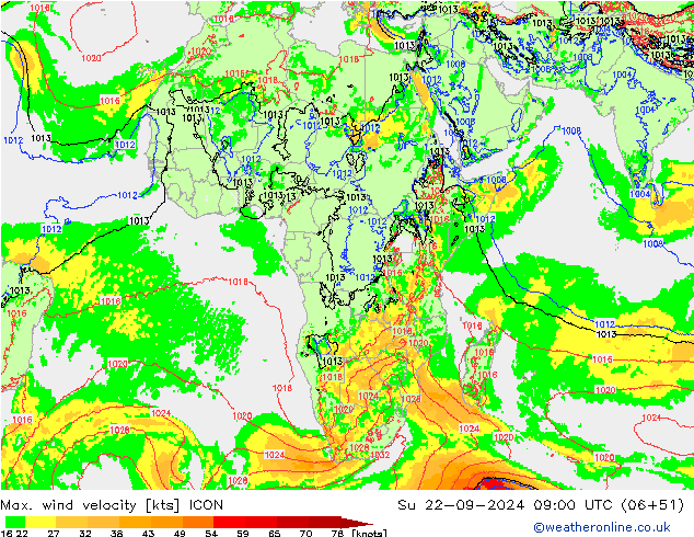 Max. wind snelheid ICON zo 22.09.2024 09 UTC