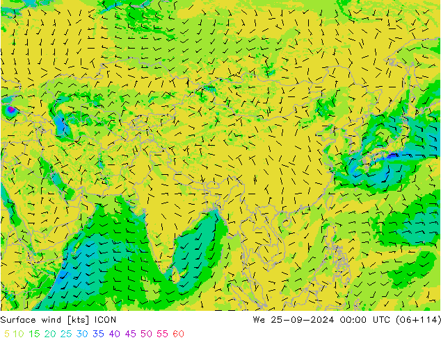 Vento 10 m ICON mer 25.09.2024 00 UTC