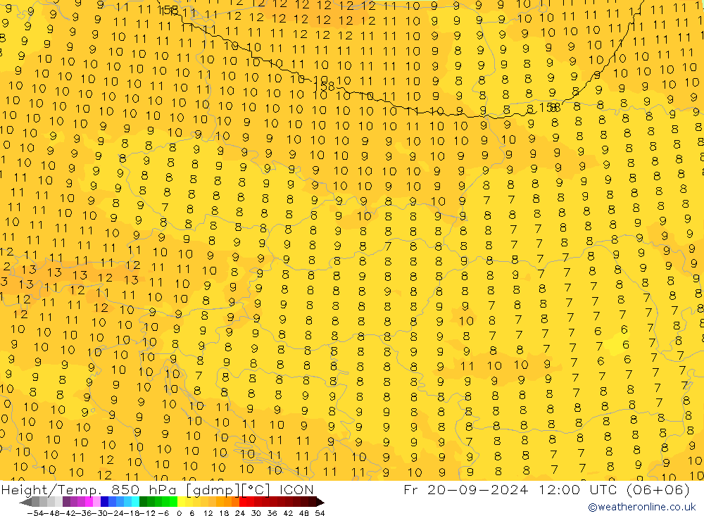 Height/Temp. 850 hPa ICON Pá 20.09.2024 12 UTC