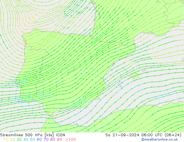 Streamlines 500 hPa ICON Sa 21.09.2024 06 UTC