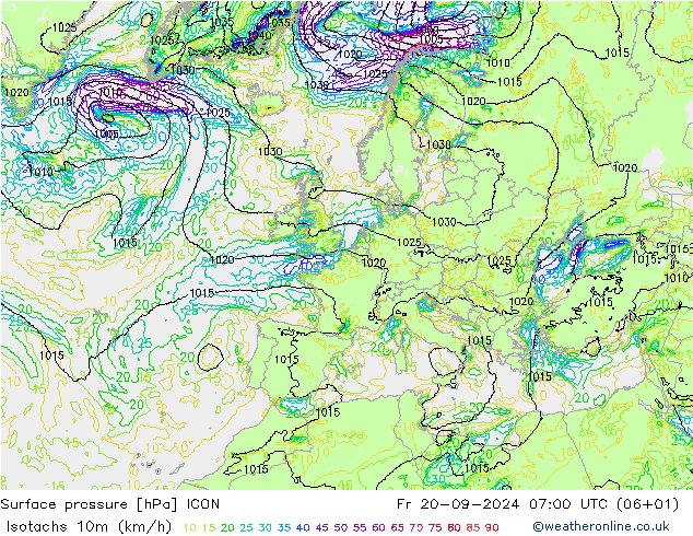 Isotachs (kph) ICON пт 20.09.2024 07 UTC