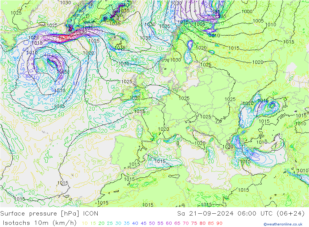 Isotachen (km/h) ICON za 21.09.2024 06 UTC