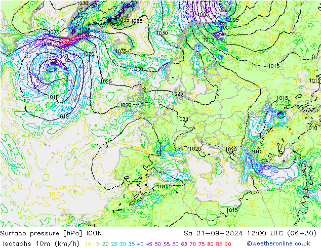 Isotachs (kph) ICON сб 21.09.2024 12 UTC