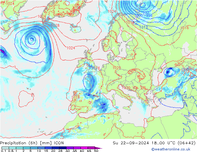 Totale neerslag (6h) ICON zo 22.09.2024 00 UTC