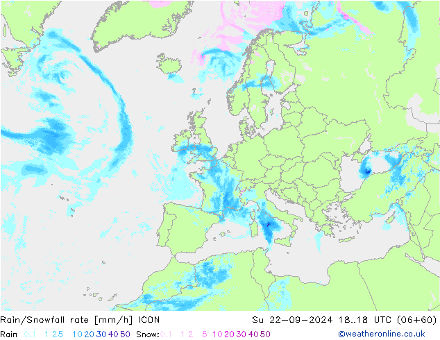 Rain/Snowfall rate ICON Su 22.09.2024 18 UTC