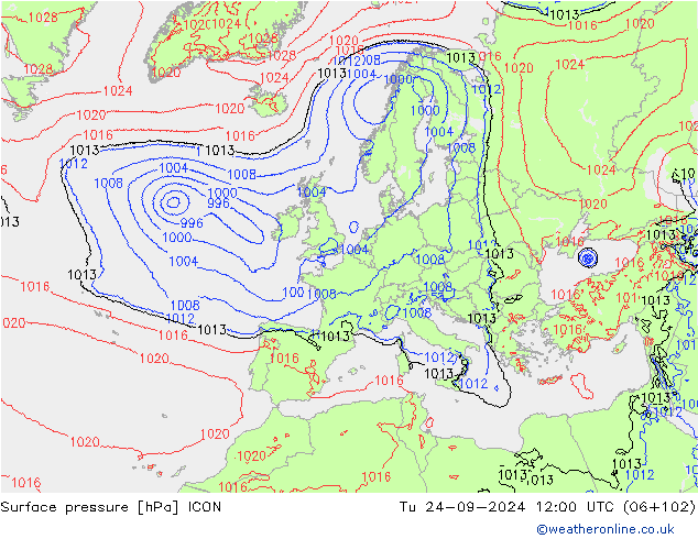 地面气压 ICON 星期二 24.09.2024 12 UTC