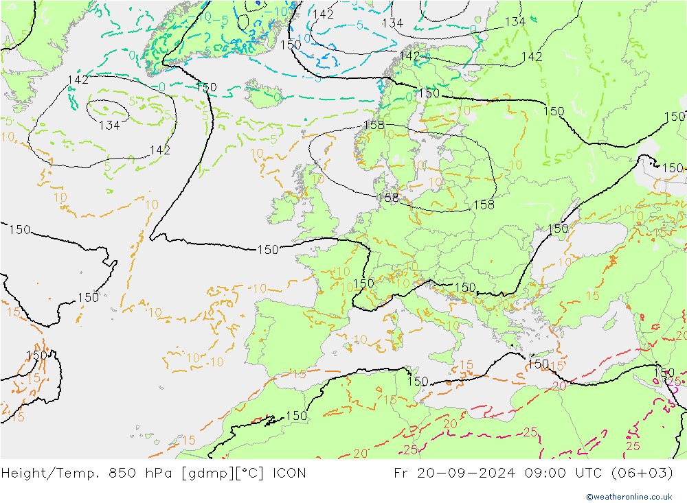 Height/Temp. 850 hPa ICON Fr 20.09.2024 09 UTC