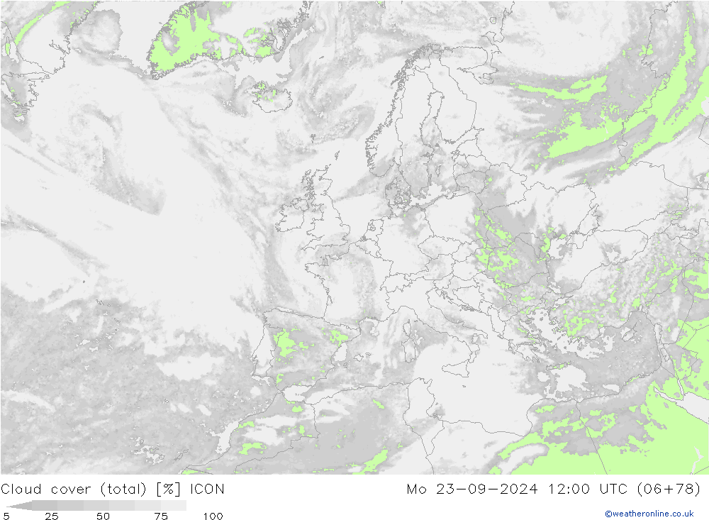 Cloud cover (total) ICON Mo 23.09.2024 12 UTC