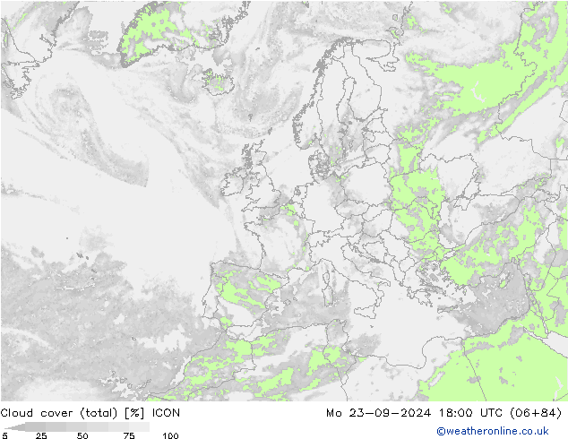 Cloud cover (total) ICON Po 23.09.2024 18 UTC