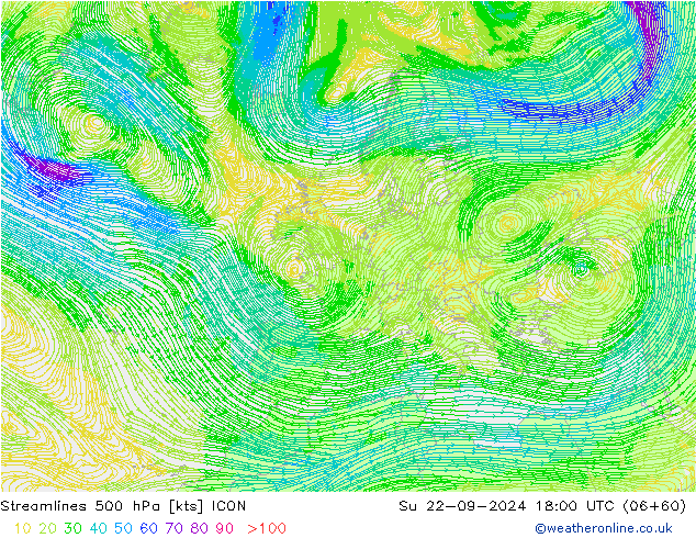 Stromlinien 500 hPa ICON So 22.09.2024 18 UTC